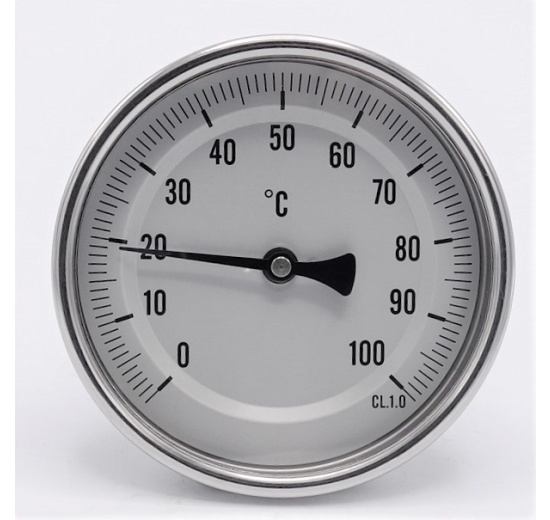 Celonerezový bimetalový teploměr s ponorným dříkem 100 mm, do jímky, 0-100 ℃