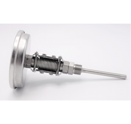 Celonerezový bimetalový teploměr s ponorným dříkem, závitový, úhlový přípoj |0-100 ℃ (1/2”) 100 mm