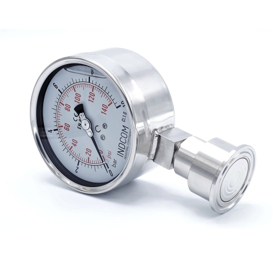 celonerezový manometr s oddělovací membránou, 0-10 bar, číselník 63 mm, límeček 50.5 mm, clamp připojení