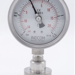 Celonerezový tlakoměr s oddělovací membránou, 100mm rozsah -1/1,5 bar, (CLAMP límeček-64mm)