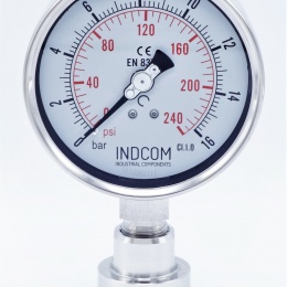 celonerezový tlakoměr s oddělovací membránou clamp (límeček 50,5 mm), číselník 100 mm, 0-16 bar