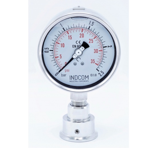 celonerezový tlakoměr s oddělovací membránou clamp (límeček 50,5 mm), číselník 100 mm, 0-2,5 bar