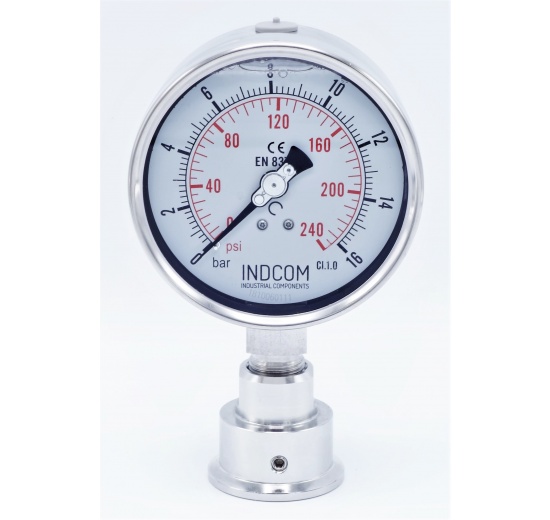 celonerezový tlakoměr s oddělovací membránou clamp (límeček 50,5 mm), číselník 100 mm, 0-16 bar