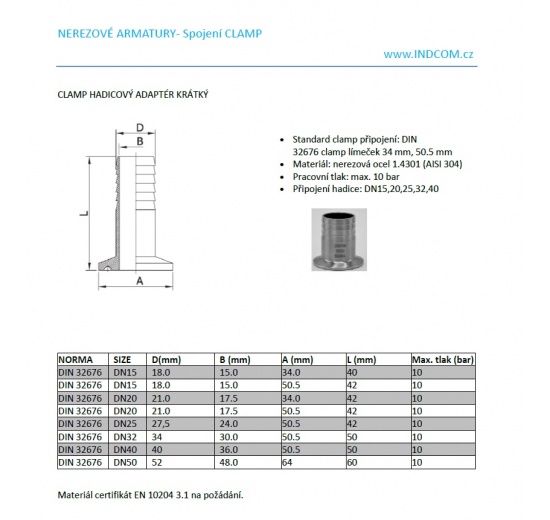 Clamp hadicový adaptér krátký