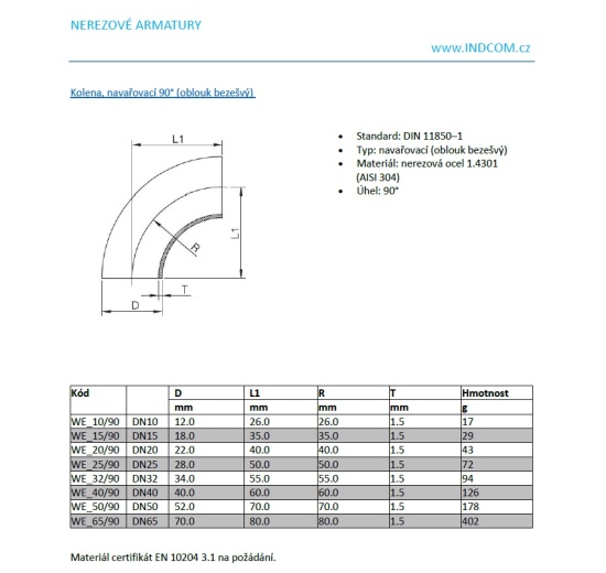 Kolena navařovací 90° (oblouk bezešvý) Typ 3 (R= 1.5 D)_katalogový list