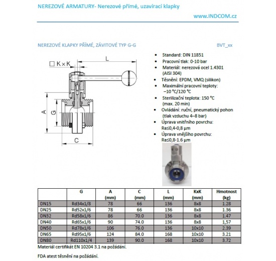 Nerezová klapka přímá, závitová typ G-G  DN15
