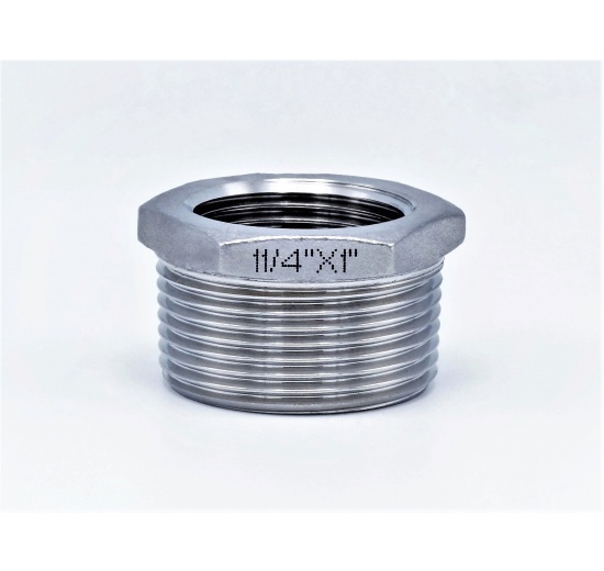 nerezová redukce se šestihranem, vnější závit kuželový 5/4", vnitřní závit válcový 1", závitová fitinka