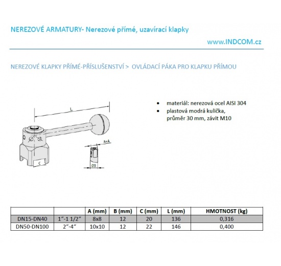 nerezové klapky přímé - příslušenství ovládací páka pro klapku přímou - rozměry
