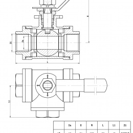 Nerezový kulový kohout, třícestný, závitový BSP-G 1", 1 1/4". Maximálně 69 bar (1000PSI).Vrtání T.