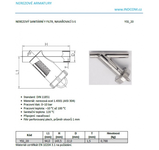 Nerezový sanitární Y filtr navařovací S-S