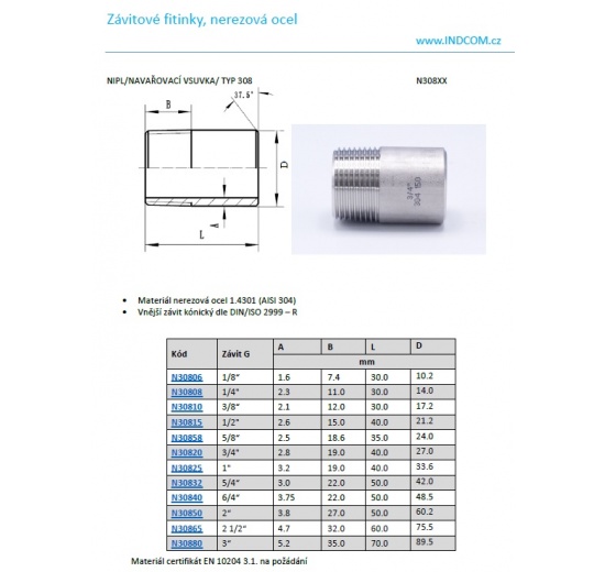 Nipl - navařovací vsuvka, typ 308| 1/4"
