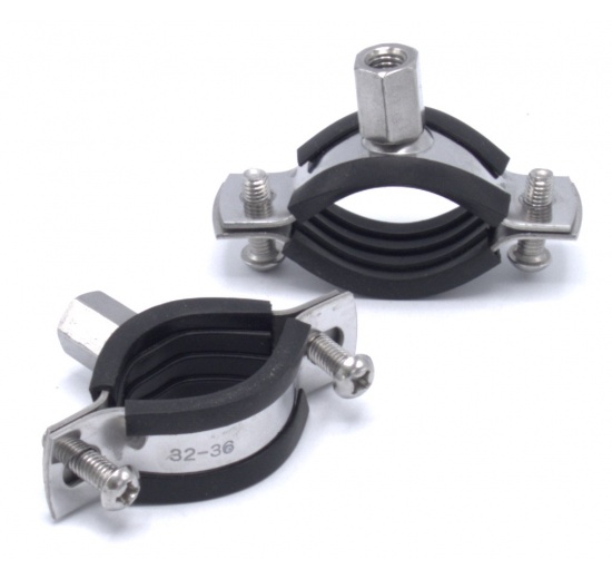 Objímka potrubní s gumovou vložkou EPDM, dvoušroubová, nerezová ocel 1.4301, M8_ 32-36 mm
