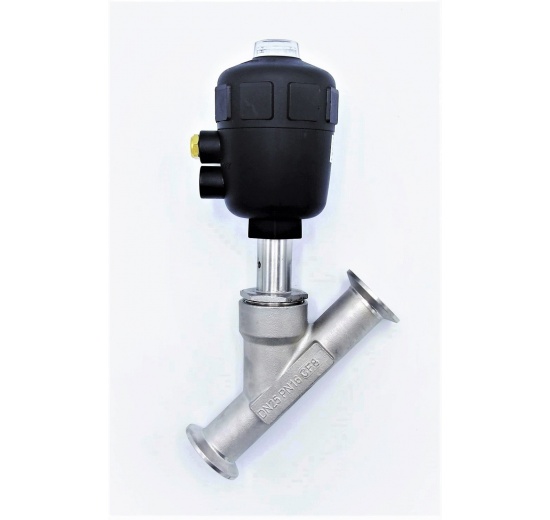 Pneumaticky ovládaný ventil se šikmým sedlem 45° DN25 připojení clamp