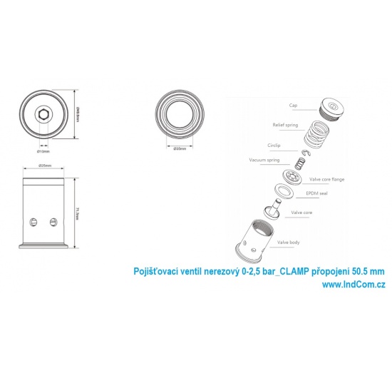 Pojišťovací ventil nerezový 0-2,5 bar_CLAMP přopojení 50.5 mm_rozměry