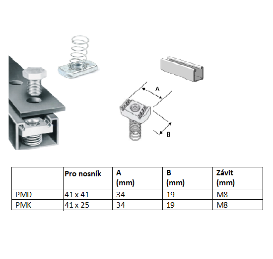 Posuvná matice M8 s pružinou pozinkovaná krátká pružina 41x25