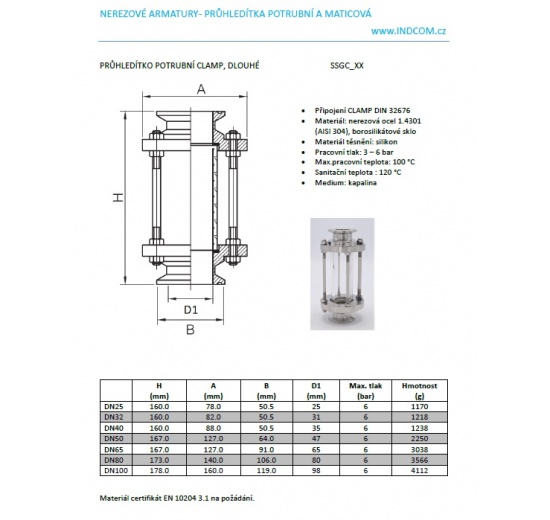 Průhledítko potrubní, clamp C-C, dlouhé