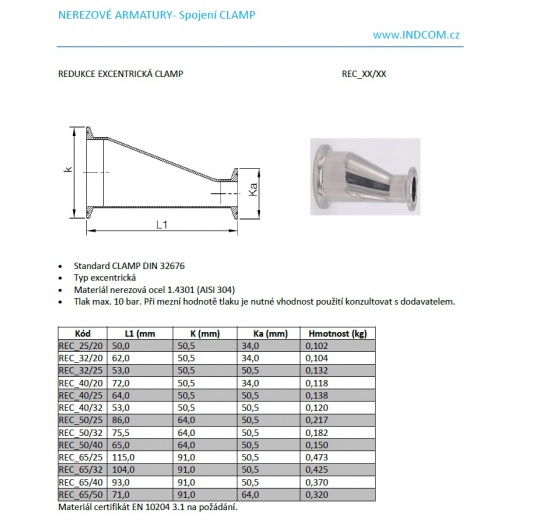 Redukce excentrické, CLAMP Potrubní spoje v potravinářském a nápojovém průmys Potravinářské armatury