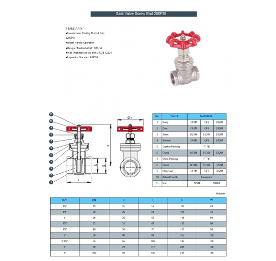 technický list k nerez. uzavíracímu šoupátkovému ventilu